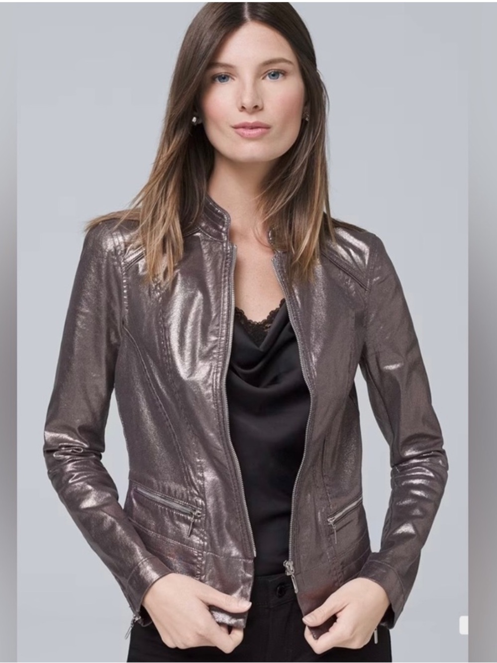 White House Black Market Metallic Taupe-Finish Faux-Leather Moto Jacket